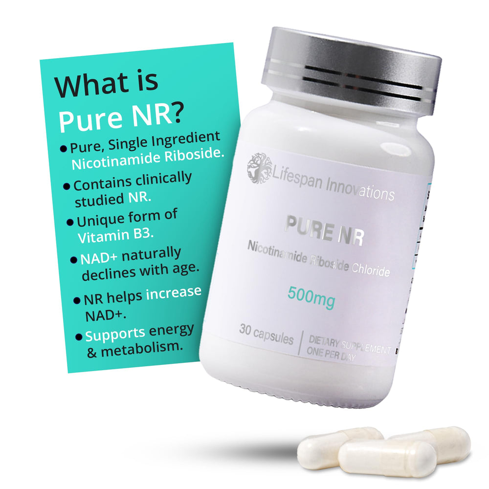 Lifespan Innovations Pure NR glass bottle beside a glass of water for easy routine