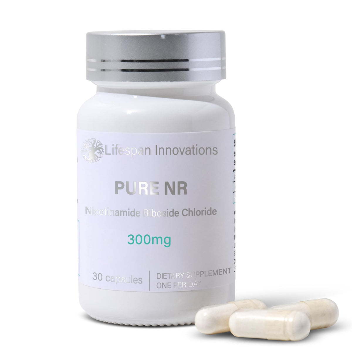 Lifespan Innovations Pure NR capsules close-up showing 300 mg NR for energy support