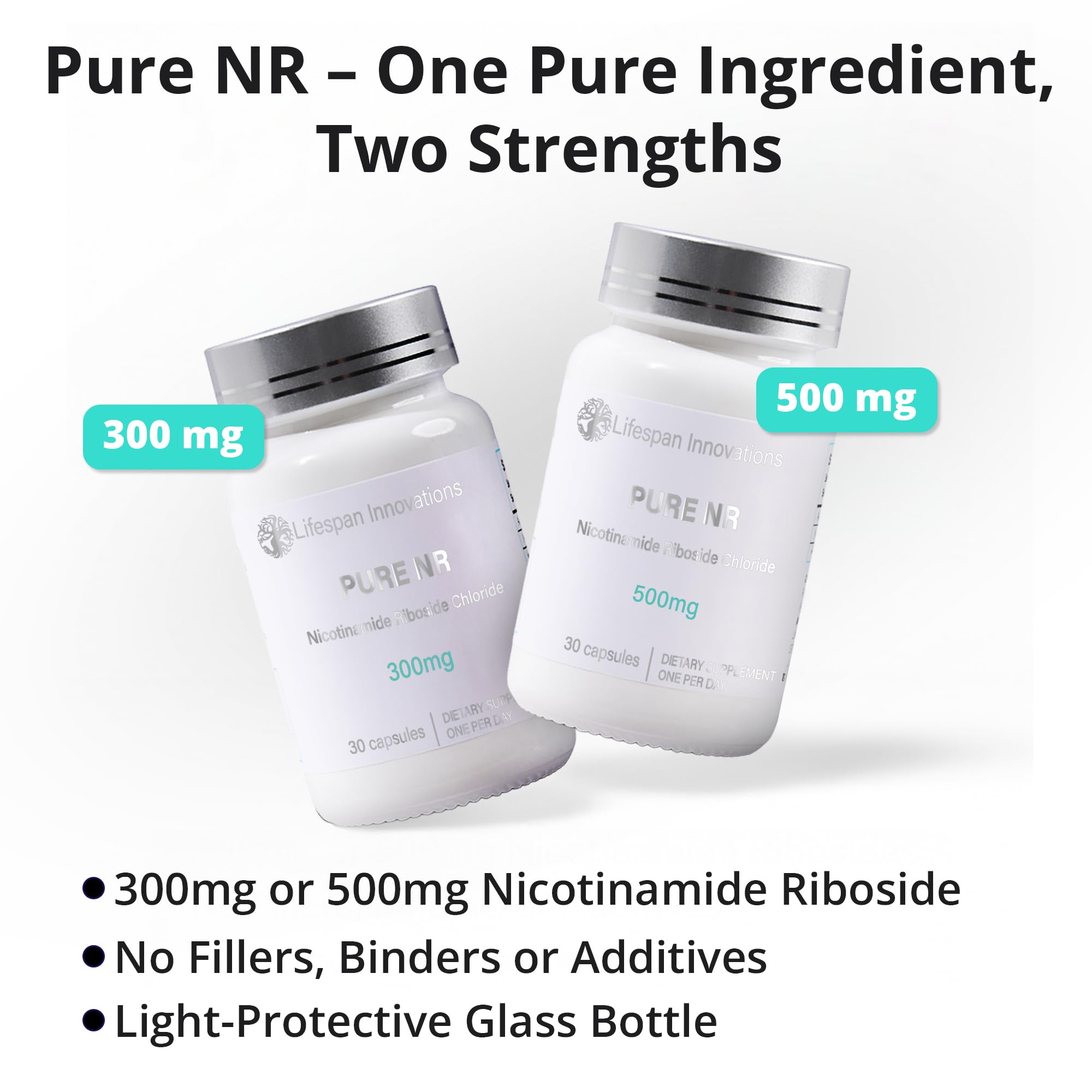 Lifespan Innovations Pure NR glass bottle front view demonstrates single-ingredient formula