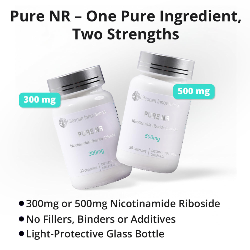 Lifespan Innovations Pure NR glass bottle front view demonstrates single-ingredient formula