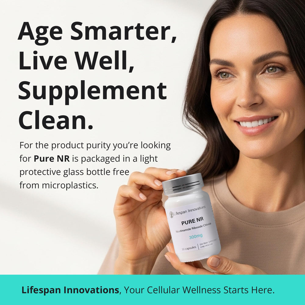 Lifespan Innovations Pure NR bottle label close-up shows vegan and USA-made status