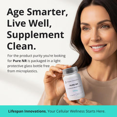 Lifespan Innovations Pure NR bottle label close-up shows vegan and USA-made status