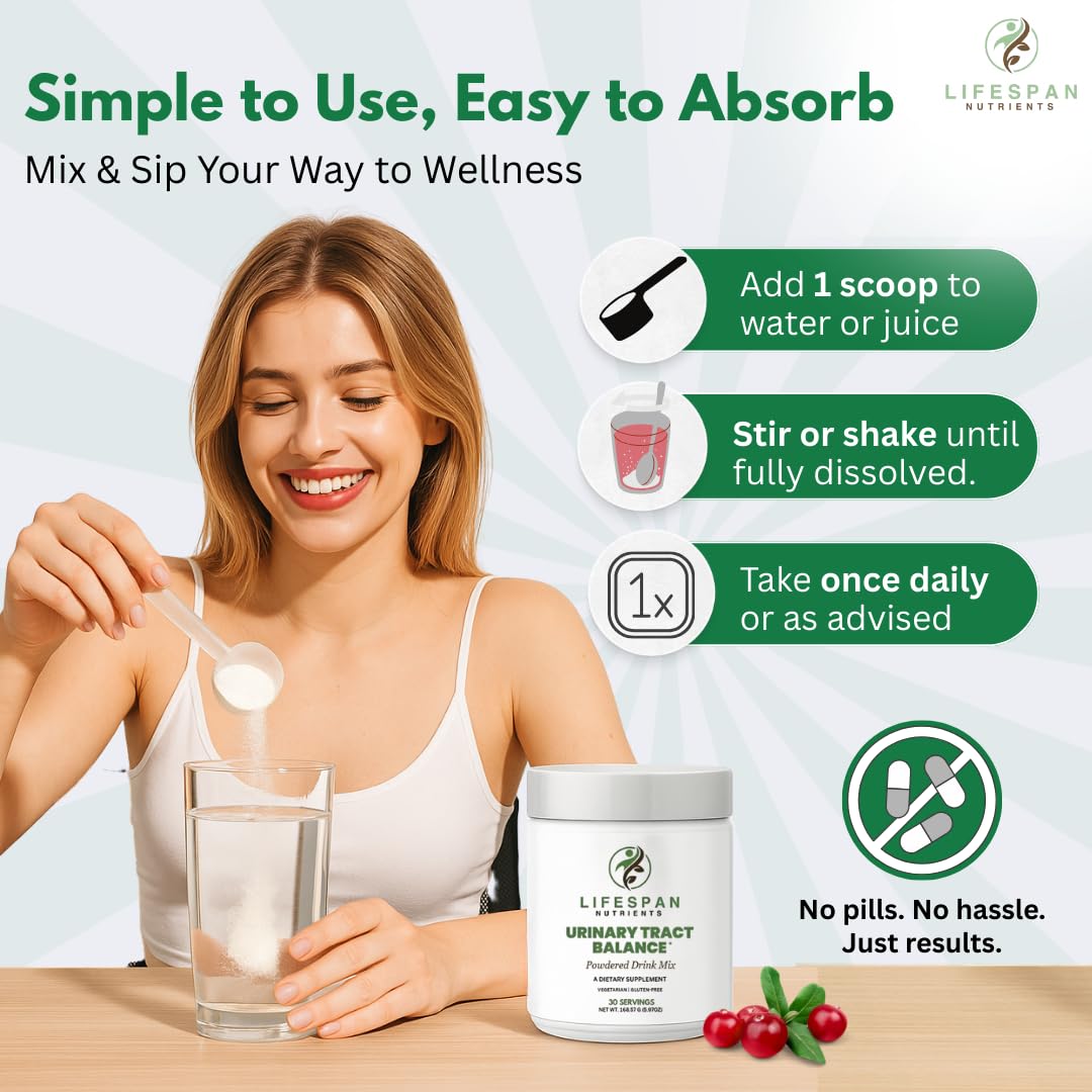 LifeSpan Nutrients D Mannose cranberry probiotics powder scoop ready for quick mixing