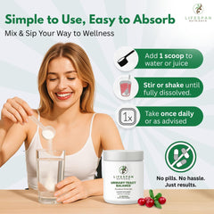 LifeSpan Nutrients D Mannose cranberry probiotics powder scoop ready for quick mixing