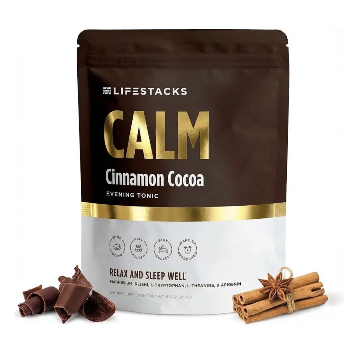 LIFESTACKS Calm Evening Tonic powder close-up highlights cinnamon‑cocoa aroma for a relaxing night ritual.
