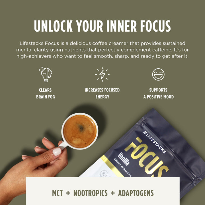 A mug with LIFESTACKS Focus shows creamy texture and smooth energy for studying.