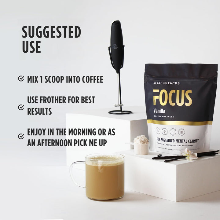 LIFESTACKS Focus bottle label emphasizes vegan, non-GMO ingredients for health-minded shoppers.