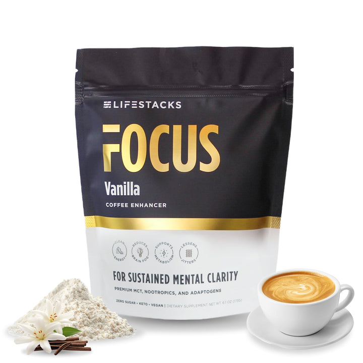 LIFESTACKS Focus coffee creamer packaging highlights keto-friendly, zero sugar formula.