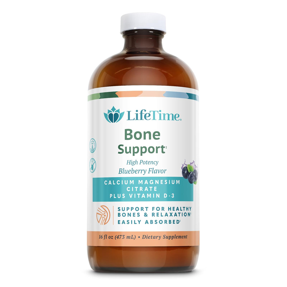 LIFETIME Bone Support Liquid bottle with blueberry flavor offering easy absorption benefits.