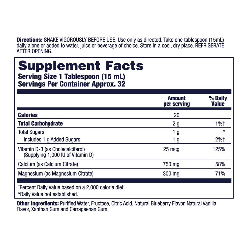 Nutrition label visible on LIFETIME Bone Support Liquid bottle highlighting calcium and vitamin D.