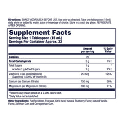 Nutrition label visible on LIFETIME Bone Support Liquid bottle highlighting calcium and vitamin D.