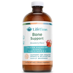 LifeTime liquid calcium magnesium strawberry bottle on kitchen counter supports daily bone and muscle health
