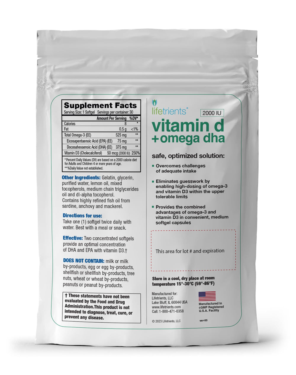 Lifetrients DHA 375mg capsules close-up; supports daily heart and cognitive wellness.