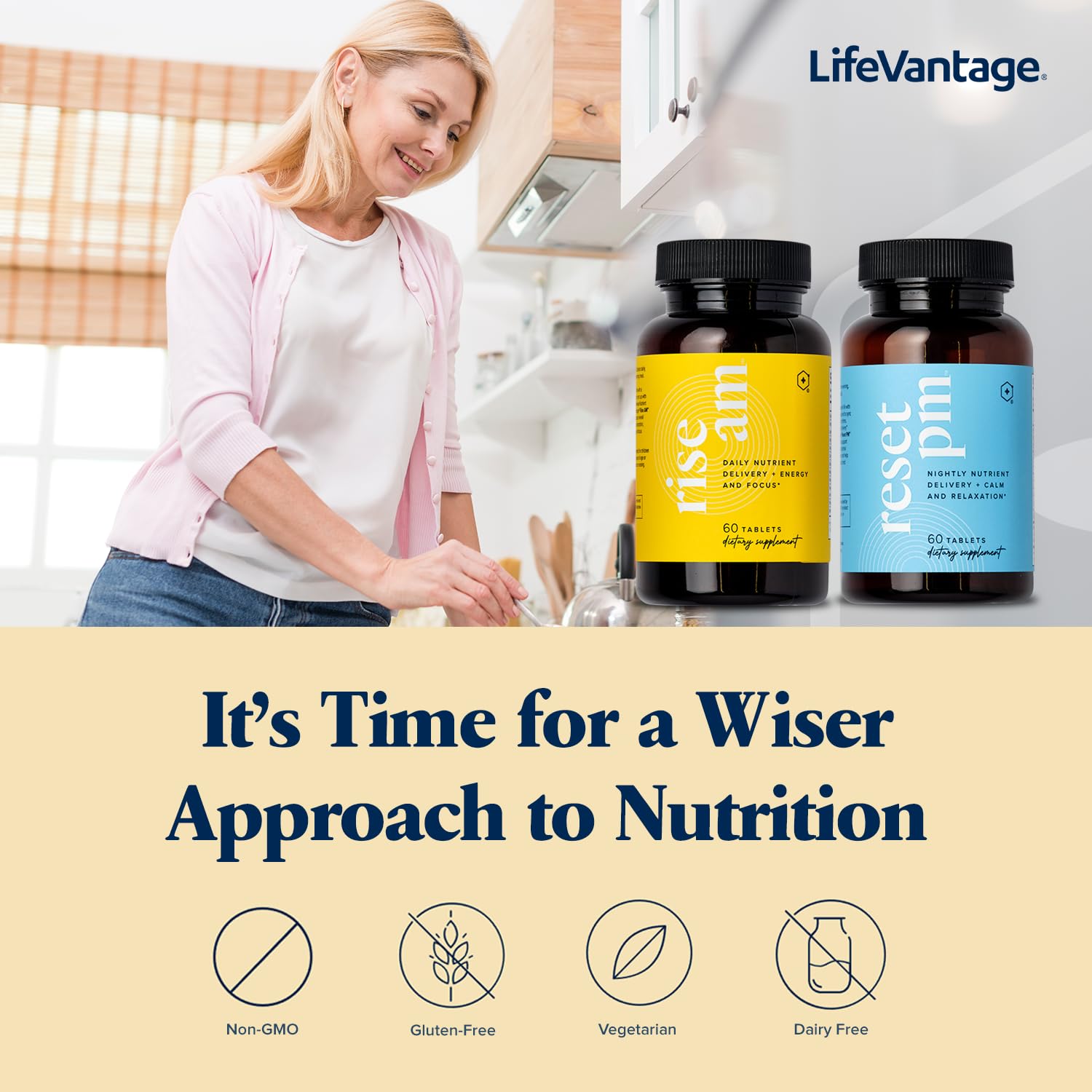 LifeVantage daily health essentials on a desk, suggesting comprehensive nutrient coverage.