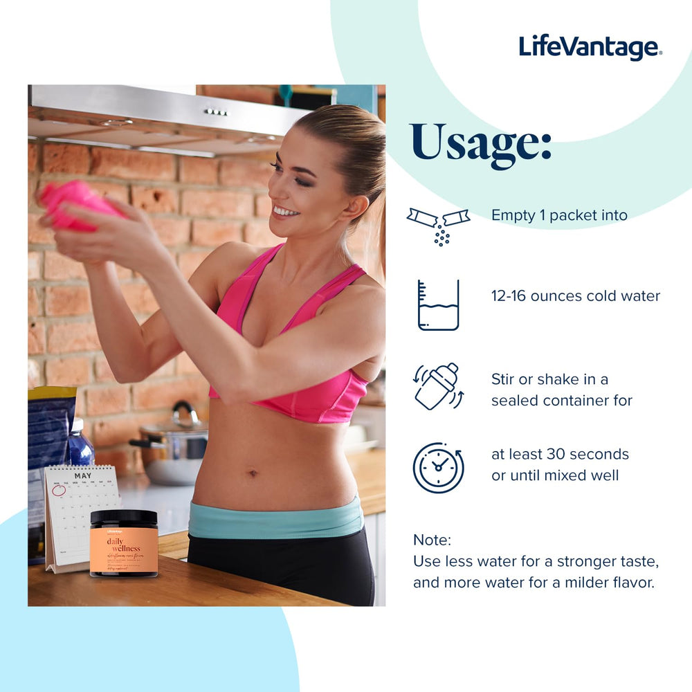 Close-up LifeVantage Daily Wellness elderflower-acai drink with vibrant color