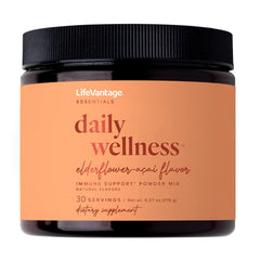 LifeVantage Daily Wellness elderflower-acai powder packaging highlighting clean ingredients