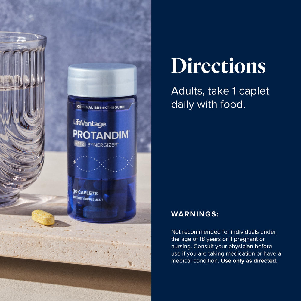 Protandim Nrf2 Synergizer jar on a clean kitchen counter.