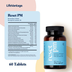 LifeVantage Reset PM bottle pouring shows easy nightly use for sleep support.