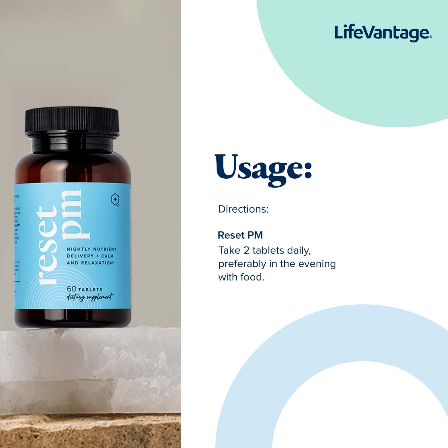 LifeVantage Reset PM packaging highlights convenient, daily use.
