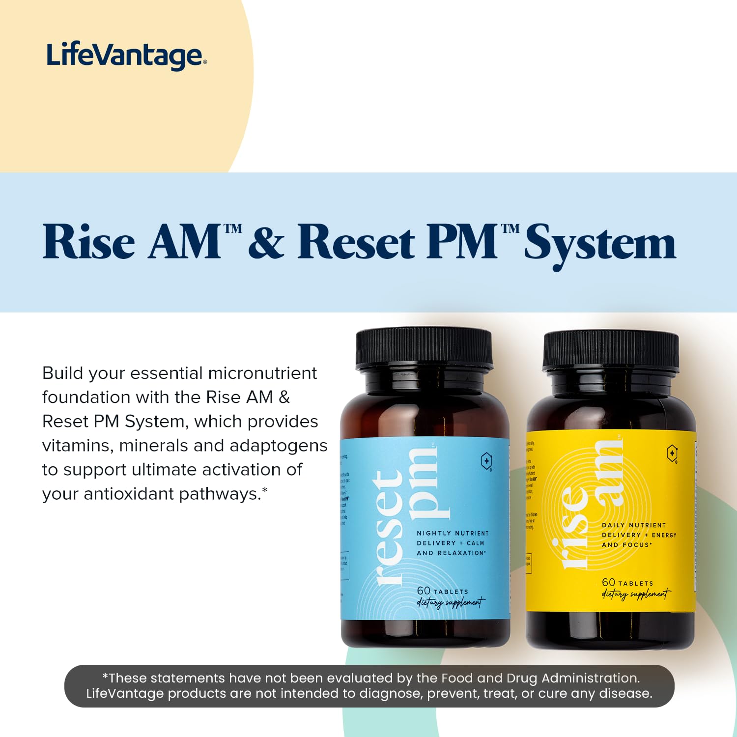 LifeVantage Rise AM bottle on countertop highlighting ready-to-take morning vitamins.