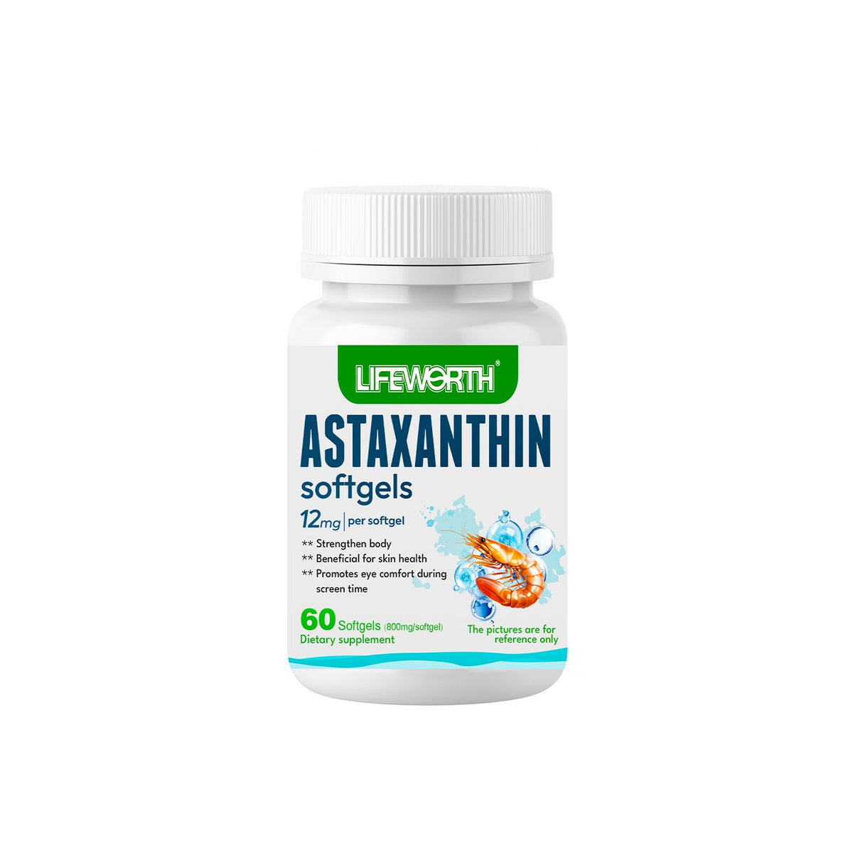 LIFEWORTH Astaxanthin softgels bottle, easy daily antioxidant support for skin glow and hydration.