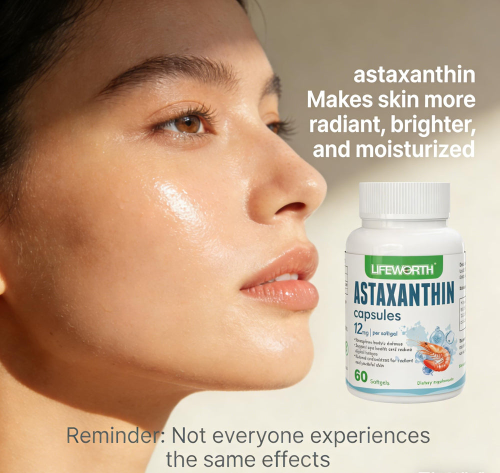 Closeup of LIFEWORTH Astaxanthin softgels showing smooth, odorless capsules for daily use.