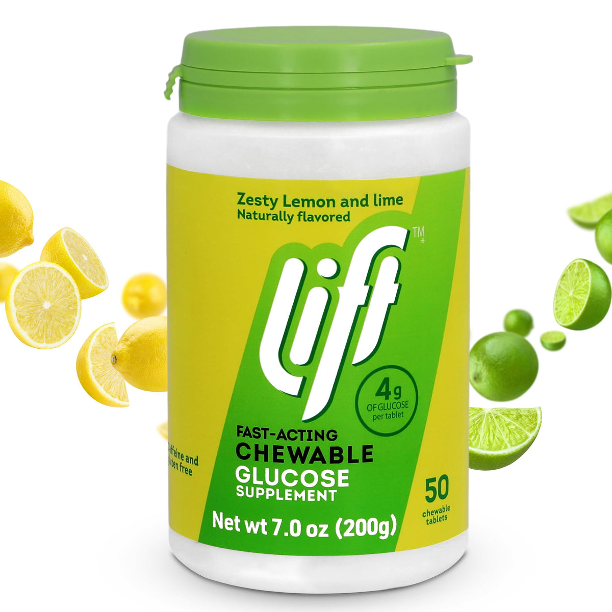 Lift Glucose bottle front shows the lemon and lime tablets for quick energy.