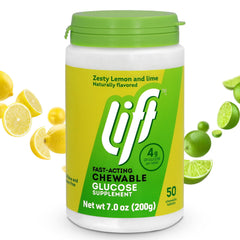 Lift Glucose bottle front shows the lemon and lime tablets for quick energy.