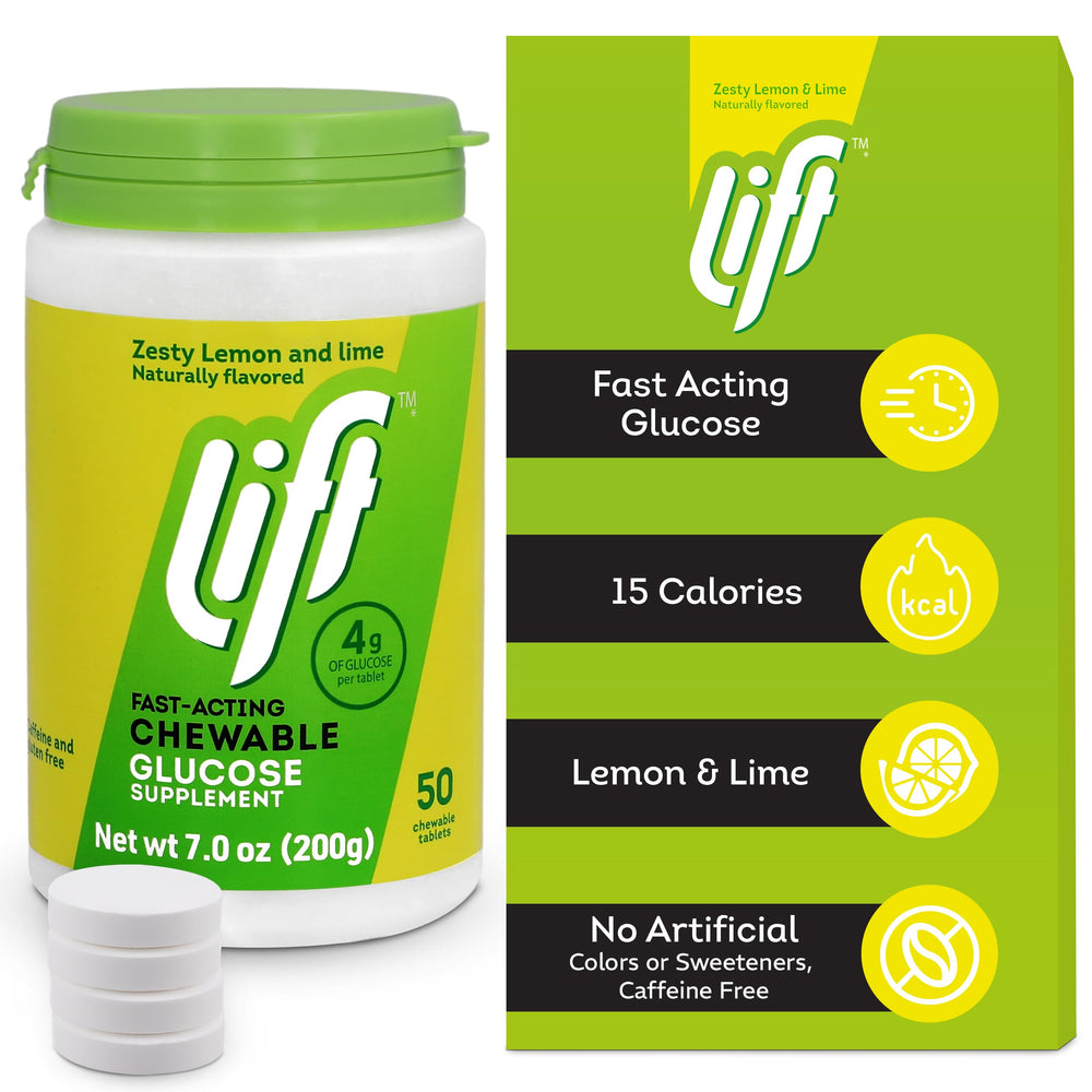Lift Glucose bottle label closeup highlights ingredients and lemon-lime flavor.