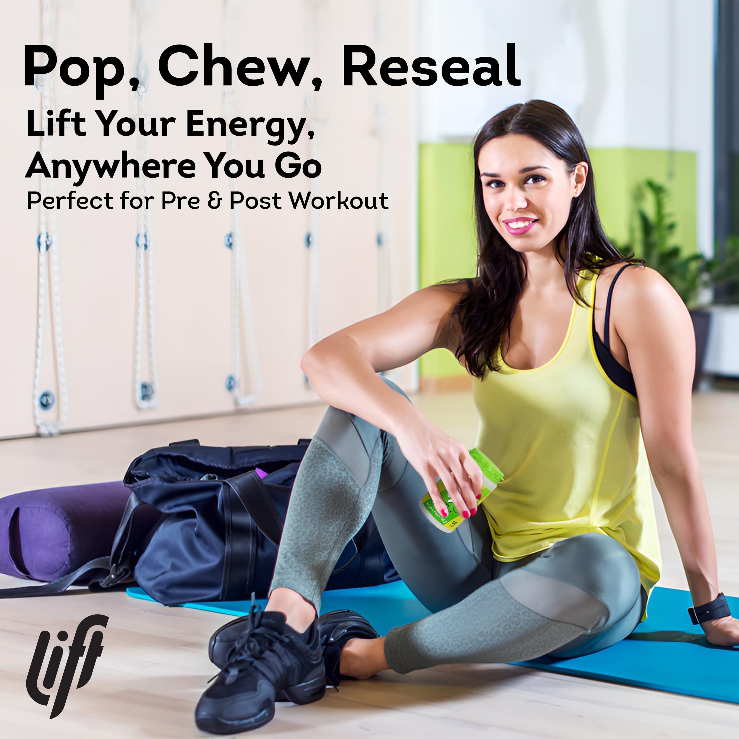 Lift Glucose during workout scene highlights a caffeine-free energy option.