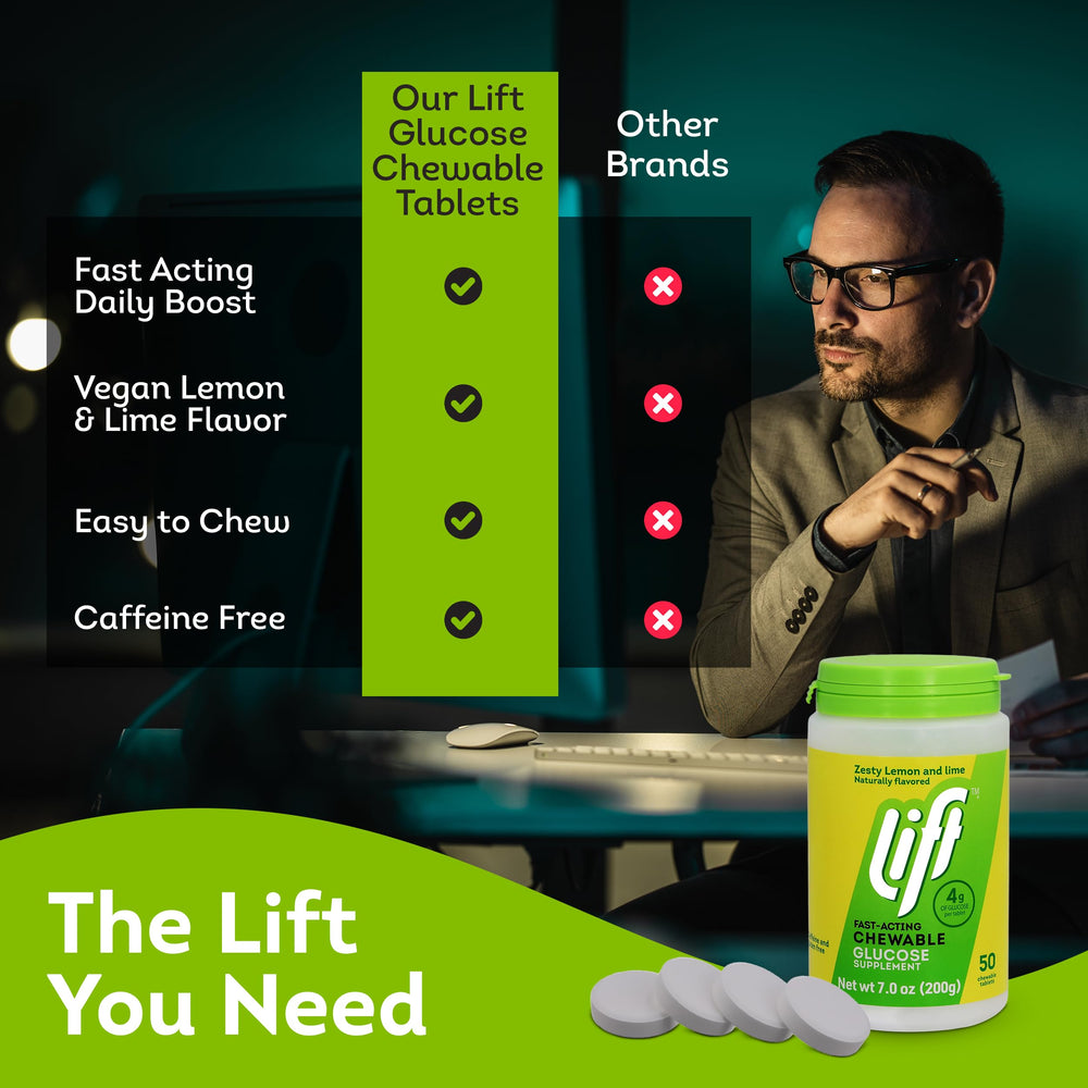 Lift Glucose travel tube shows compact packaging for travel convenience.