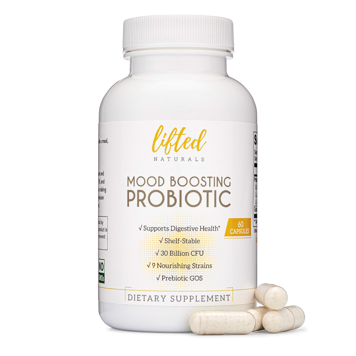 Lifted Naturals Mood Boosting Probiotic bottle for daily mood support.