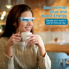 Light Therapy Glasses worn portrait showing wearable lamp for on-the-go use.
