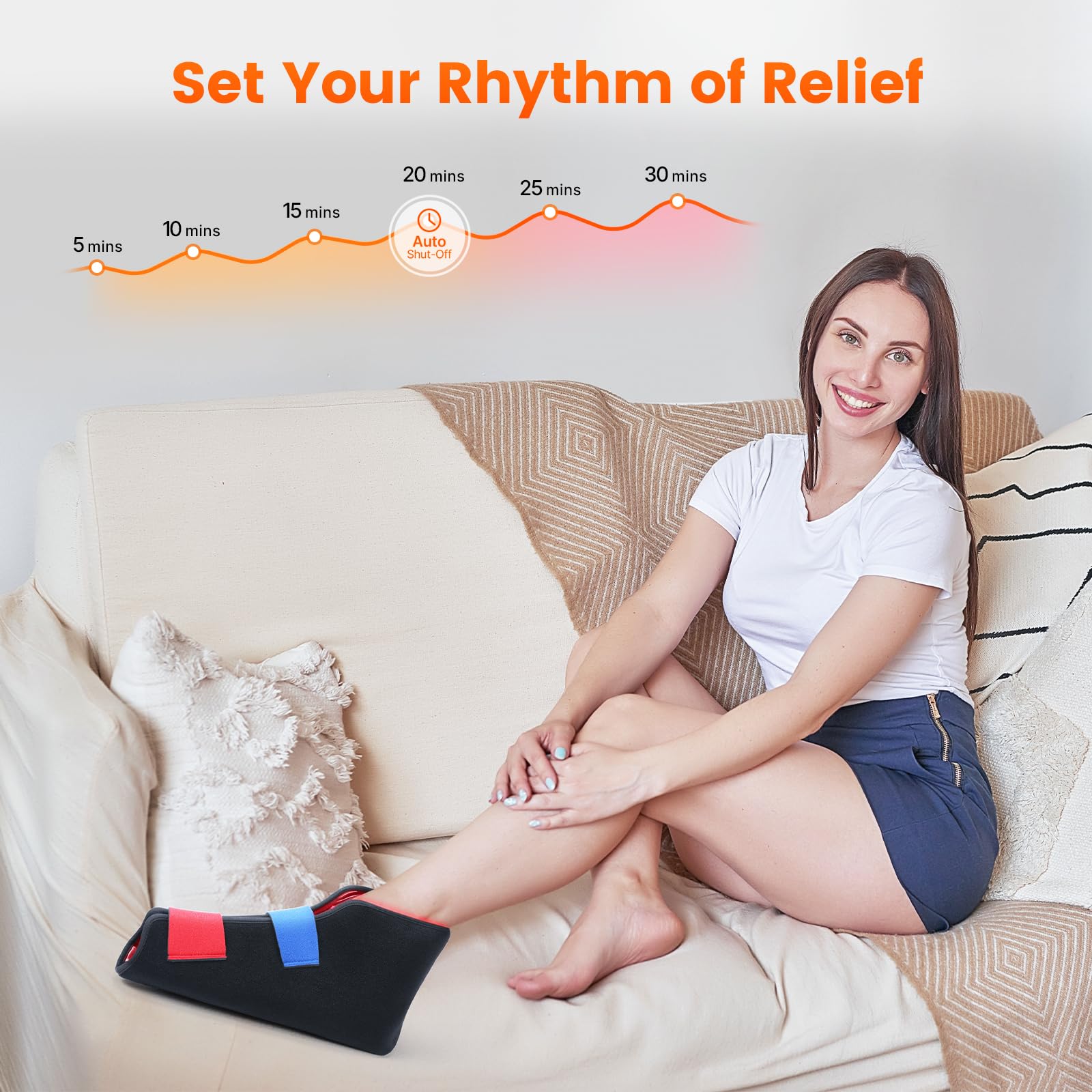 LIGHTIUM foot wrap in all-mode setting for comprehensive at-home therapy.