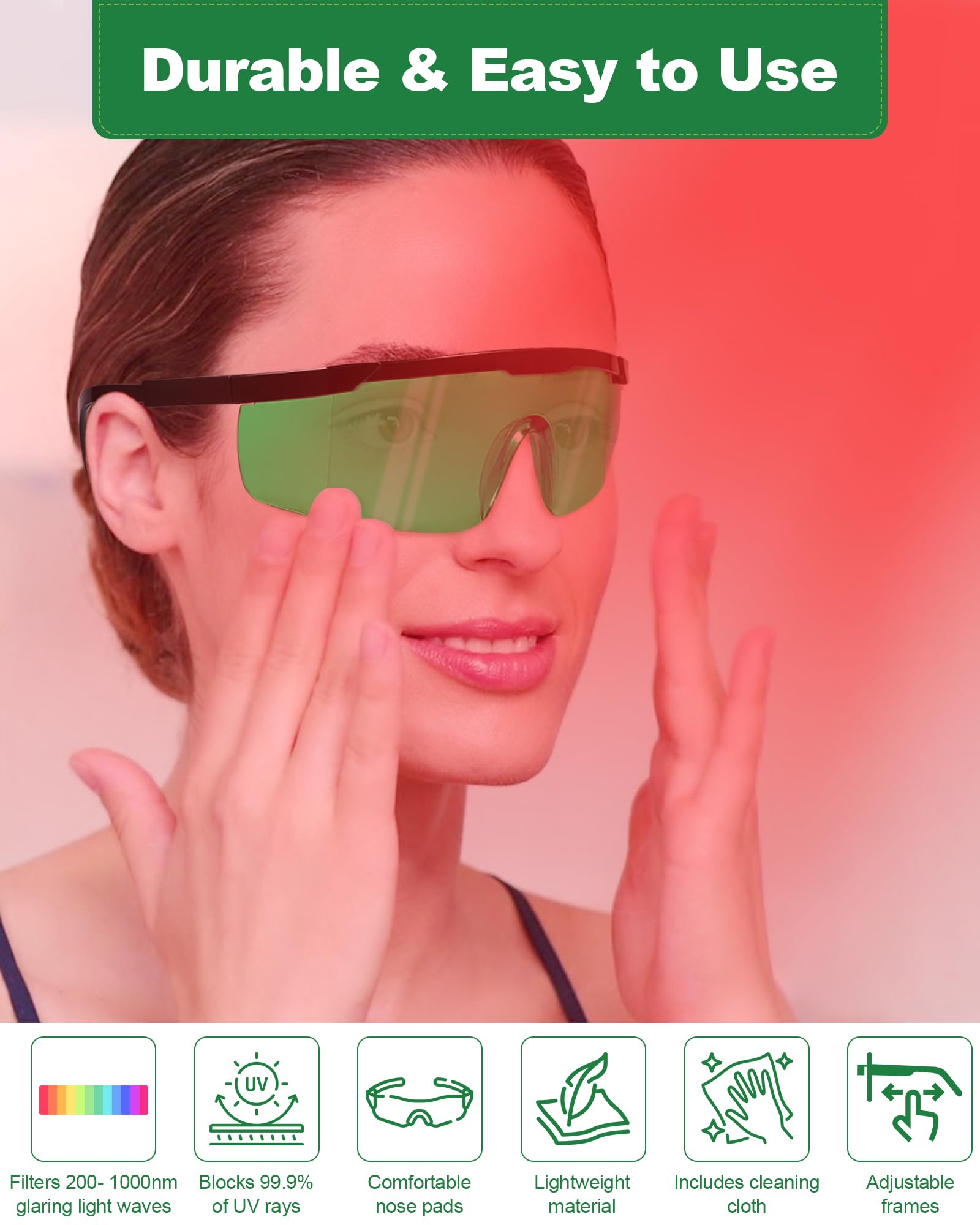 LIGHTMEUP eye protection with transparent green lenses preserves clarity while streaming media.