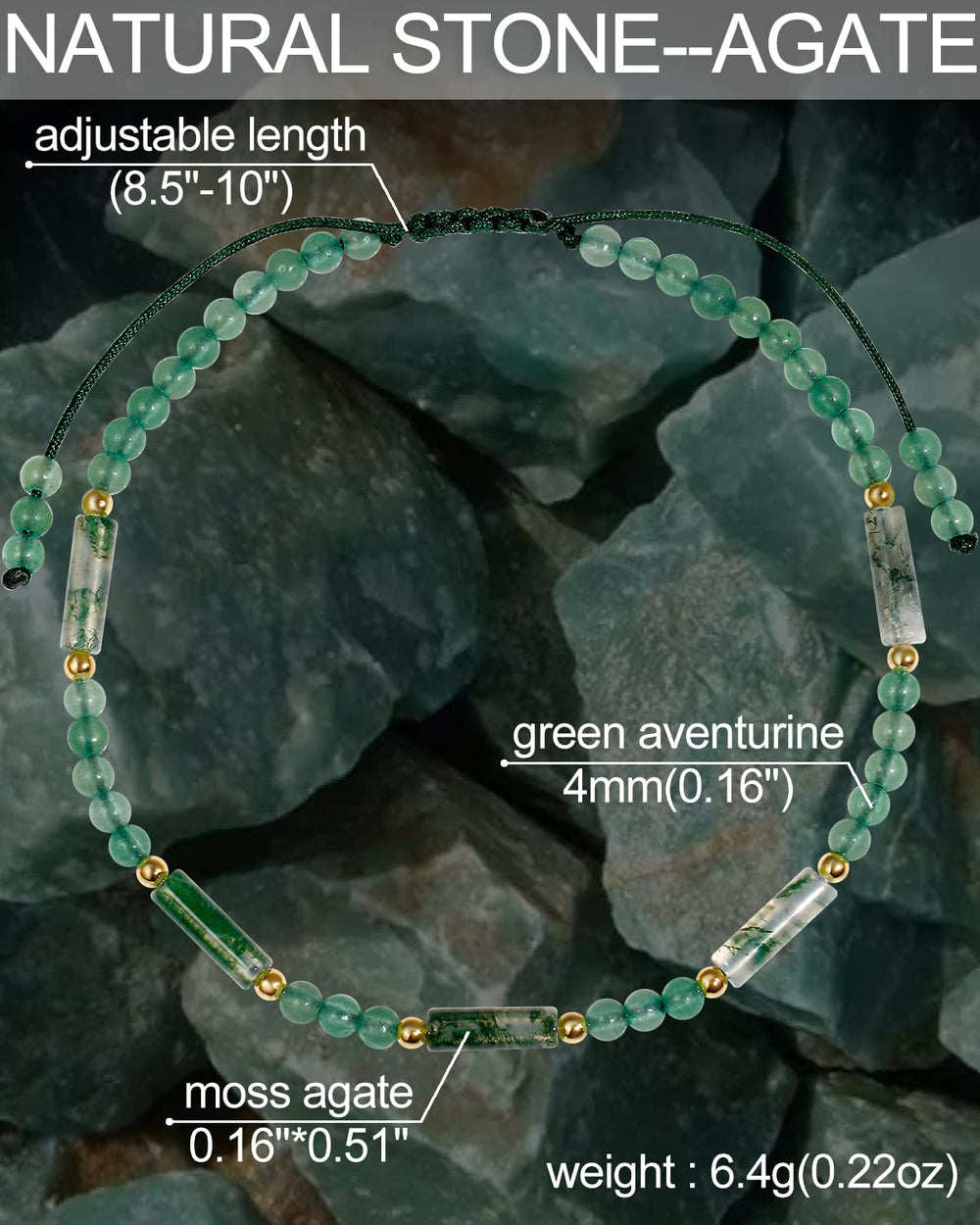 Close-up of 4 mm aventurine beads and 4x13 mm moss agate cylinders for everyday elegance