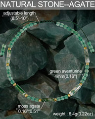 Close-up of 4 mm aventurine beads and 4x13 mm moss agate cylinders for everyday elegance
