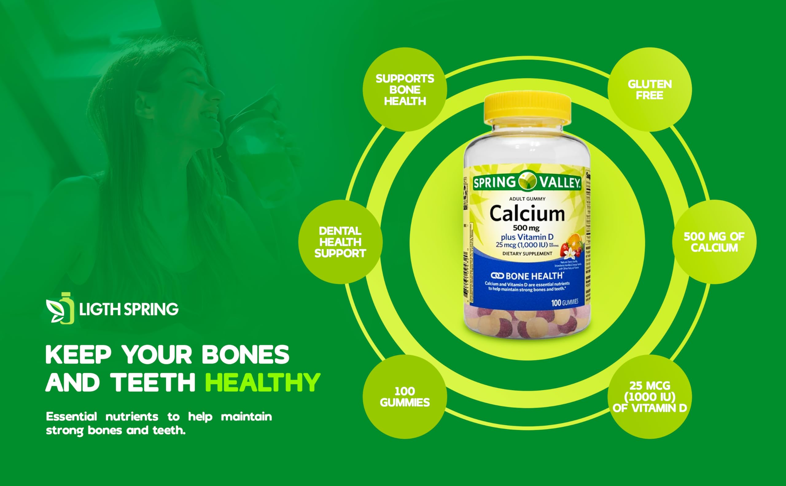 Lightspring Calcium Plus Vitamin D packaging box emphasizes 100-count bundle