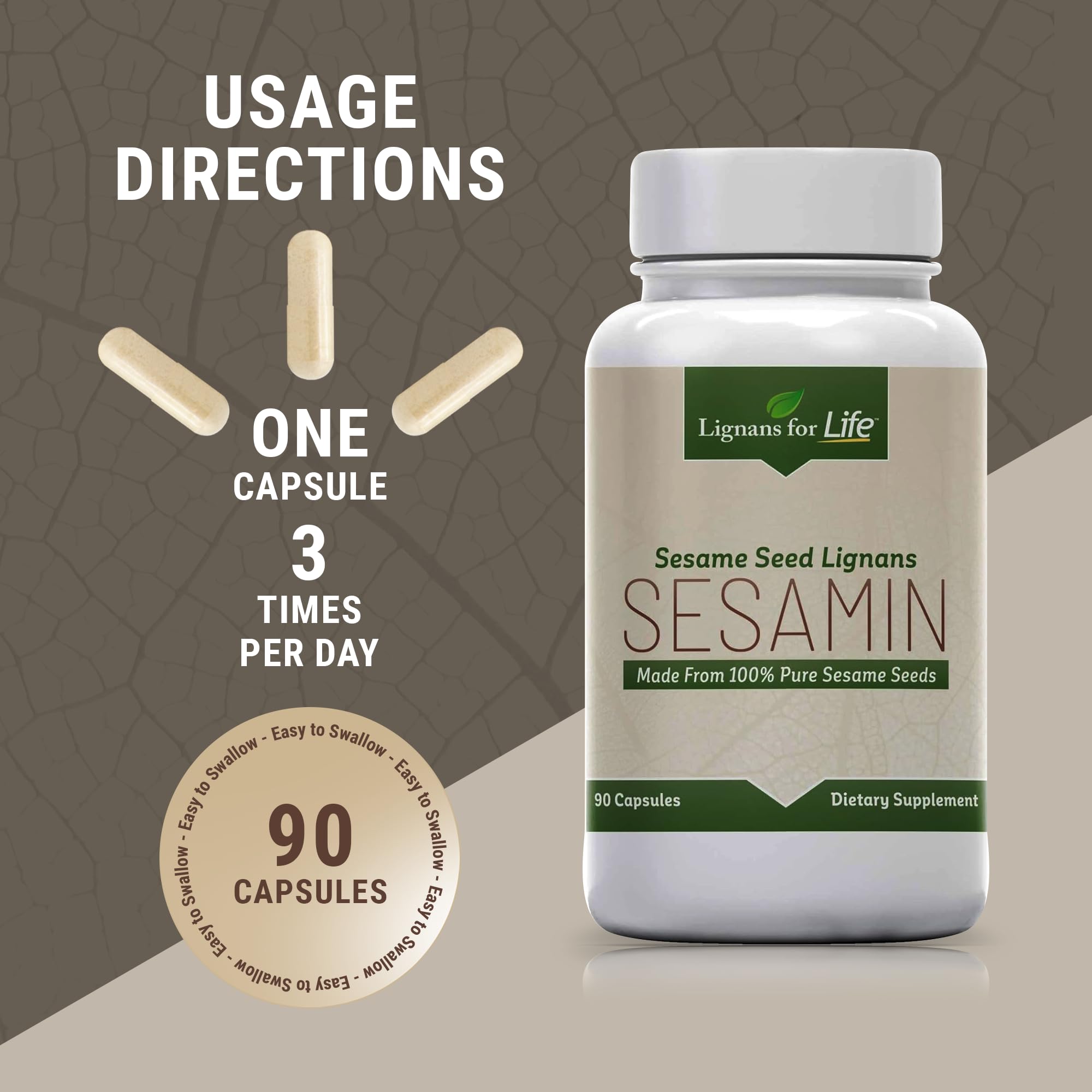 Lignans For Life capsules on white surface imply easy daily use and metabolism support.