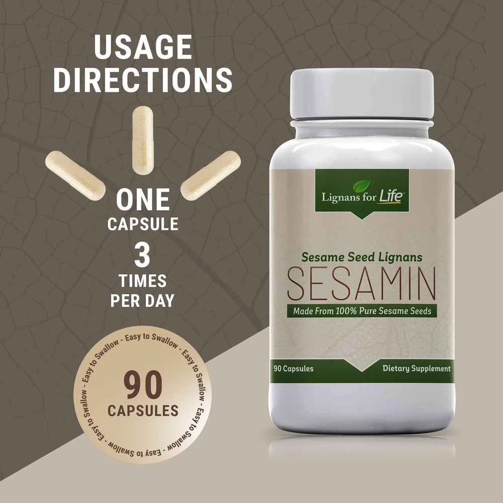 Lignans For Life capsules on white surface imply easy daily use and metabolism support.