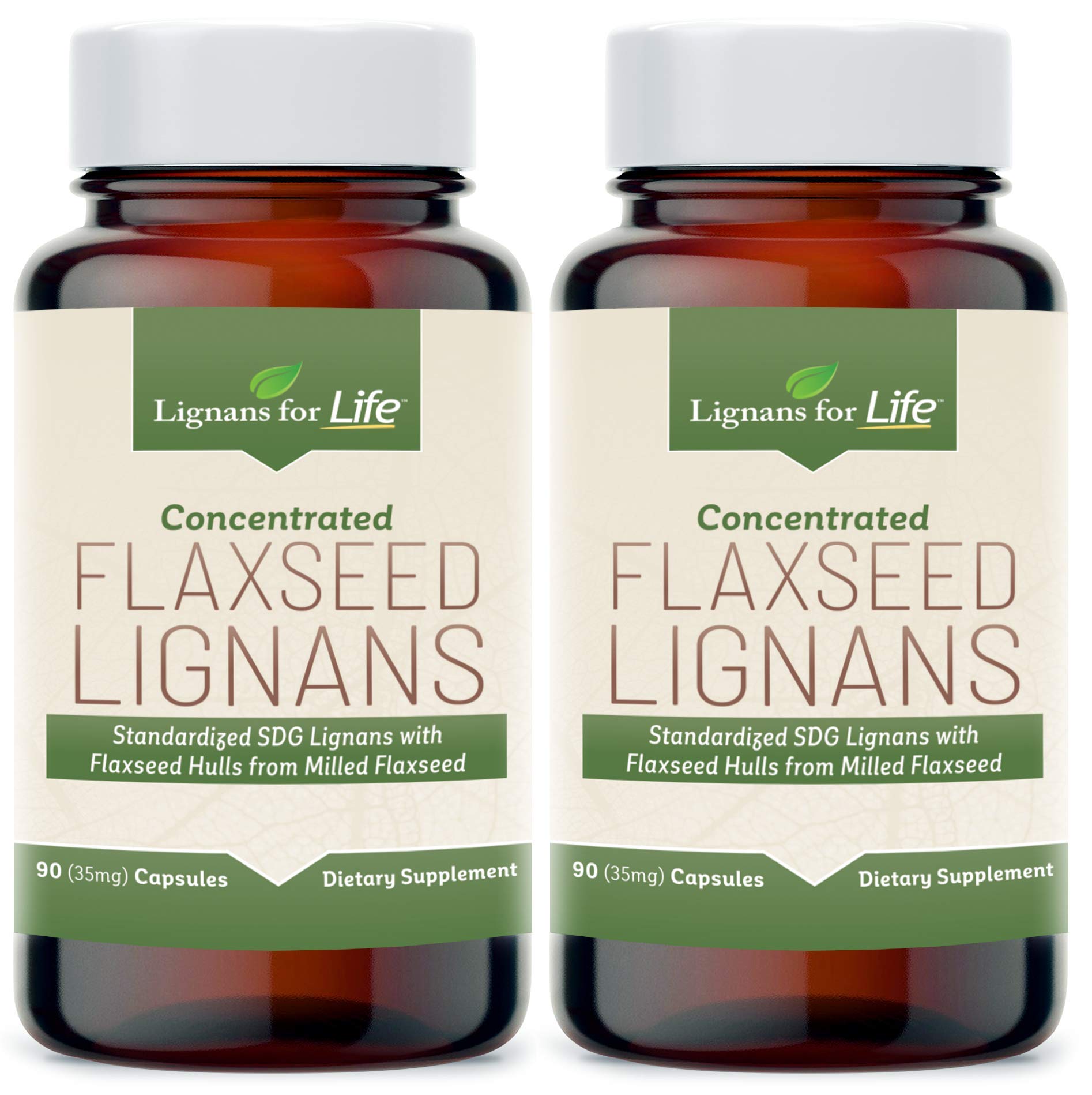 Lignans For Life bottle with dog capsules offering 35 mg SDG lignans per capsule.