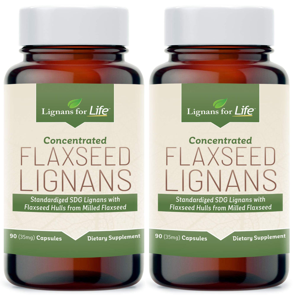 Lignans For Life bottle with dog capsules offering 35 mg SDG lignans per capsule.