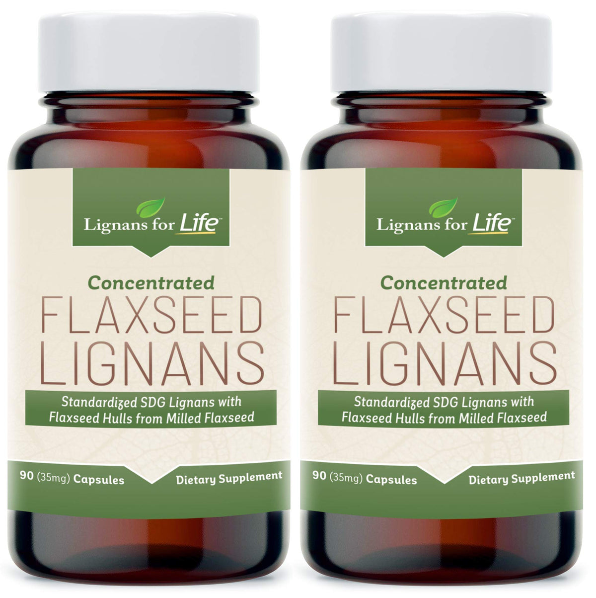 Lignans For Life bottle with dog capsules offering 35 mg SDG lignans per capsule.