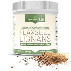 Lignans For Life flaxseed powder bottle pour highlights rich lignans and organic quality.