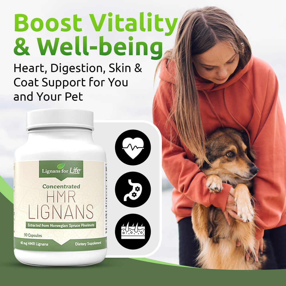 Lignans For Life HMR Lignans for Dogs label info shows 40 mg per capsule