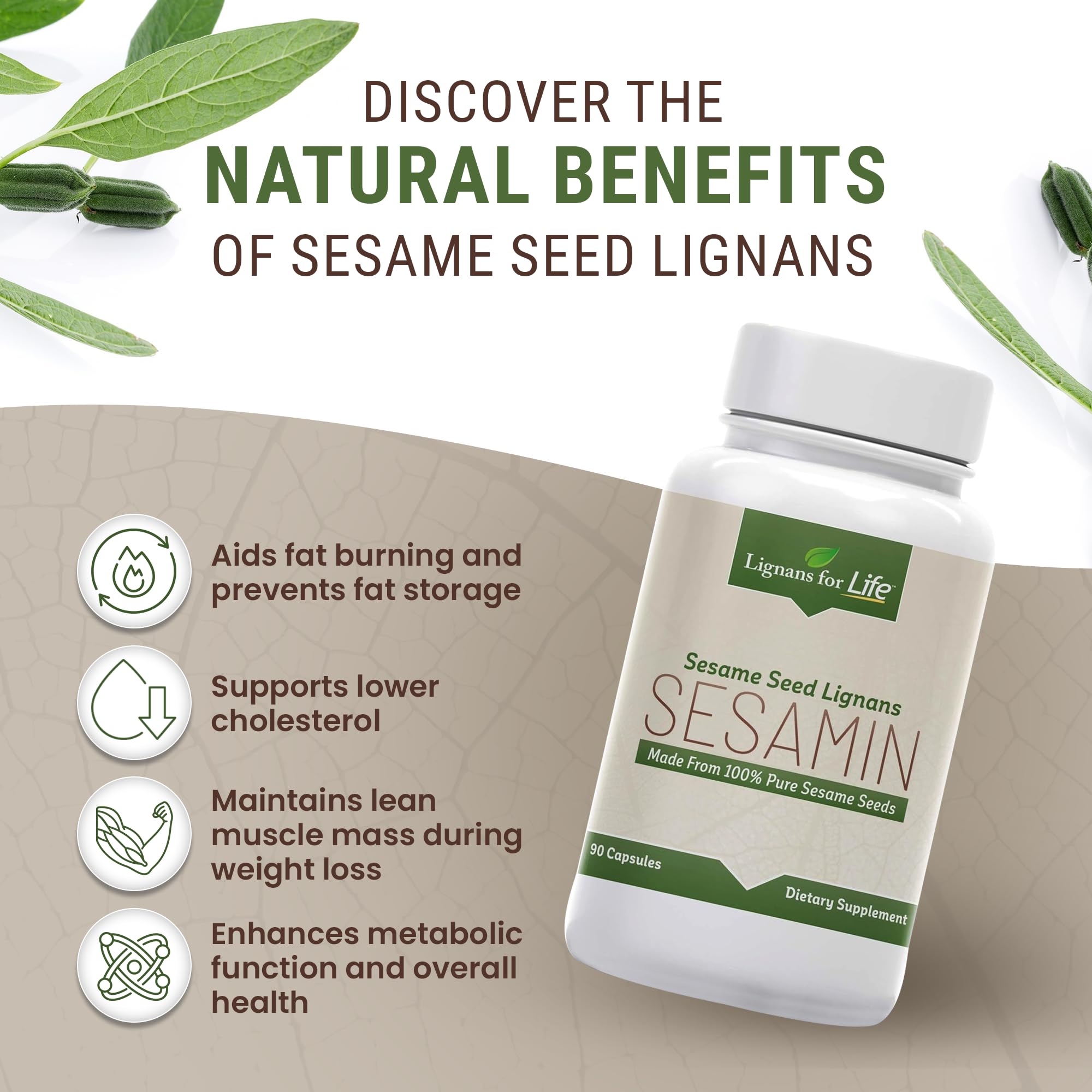 Lignans For Life label detail highlights sesame lignans for cell protection and skin vitality.