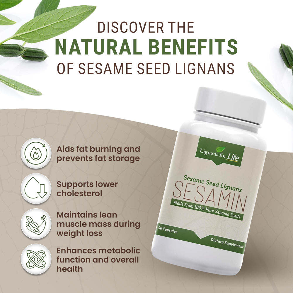 Lignans For Life label detail highlights sesame lignans for cell protection and skin vitality.