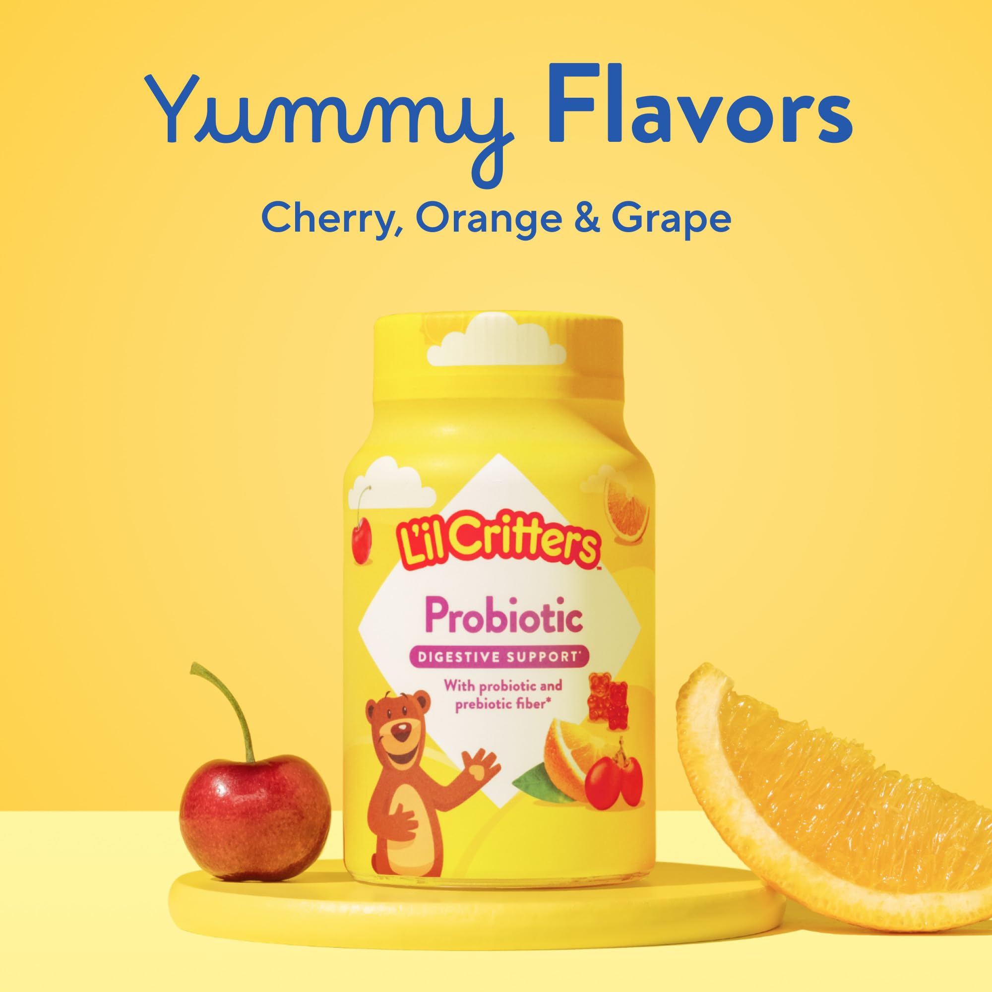 Etiqueta de Lil Critters Probiotic Daily Gummy indica sin lacteos y sin gluten.