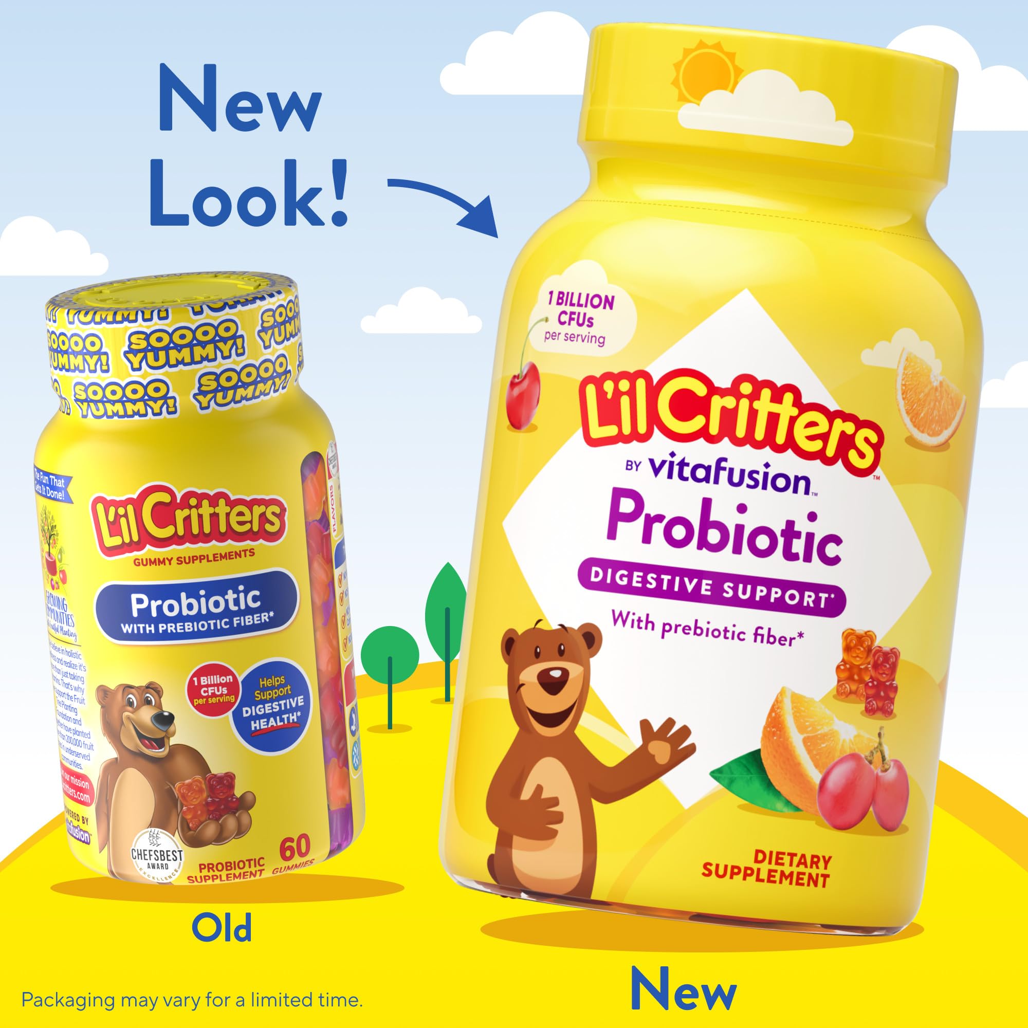 Gomitas de Lil Critters Probiotic Daily Gummy con sabores uva, cereza y naranja.