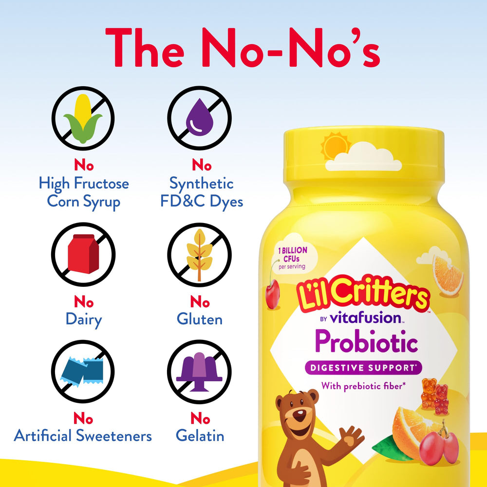 Producto sin colorantes artificiales de Lil Critters Probiotic Daily Gummy.